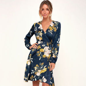 Lulus Navy Blue Floral Print Satin Wrap Dress